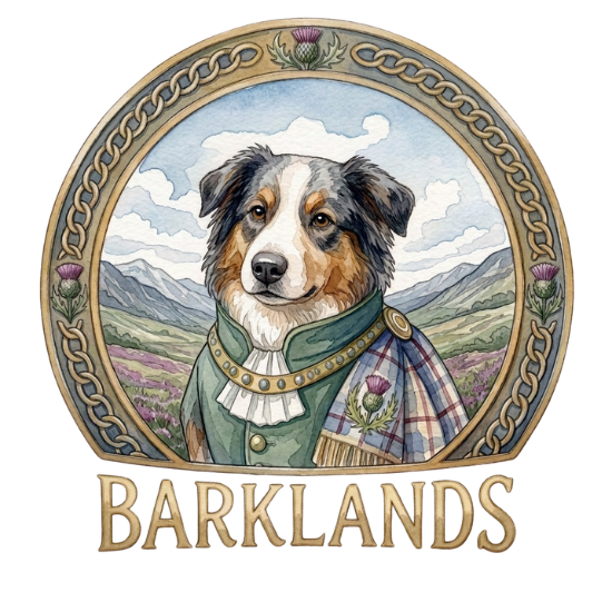 Barklands crest: a Highland hound in a tartan sash inside a Celtic knot frame