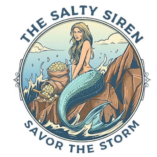 The Salty Siren logo: a mermaid on the rocks with popcorn sacks, Savor the Storm